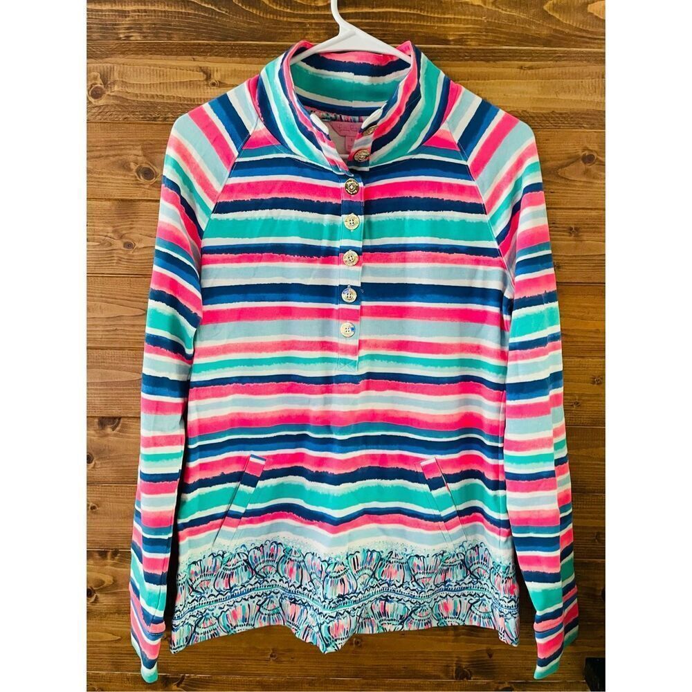 Lilly Pulitzer Captain Popover Sandy Shell Stripe Button Front Pullover Size S